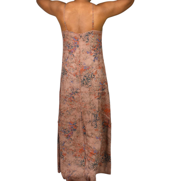 Hinge Slip Dress Brown Print Maxi Rayon Sundress Spaghetti Straps Flowy Small - Picture 3 of 13